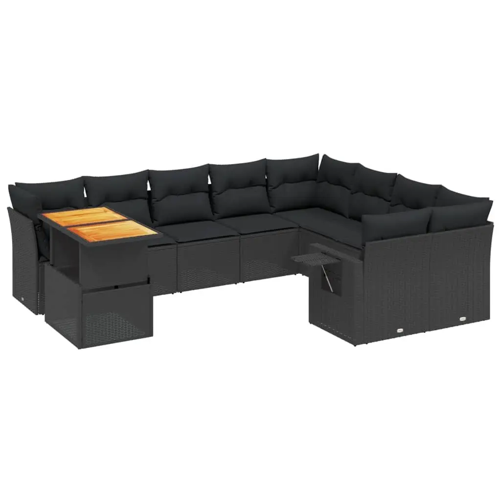 10 Piece Outdoor Garden Sofa Set with Cushions Black Poly Rattan Patio Furniture