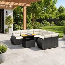 Garden Sofa Set 9 Piece Outdoor Furniture with Cushions Black Poly Rattan