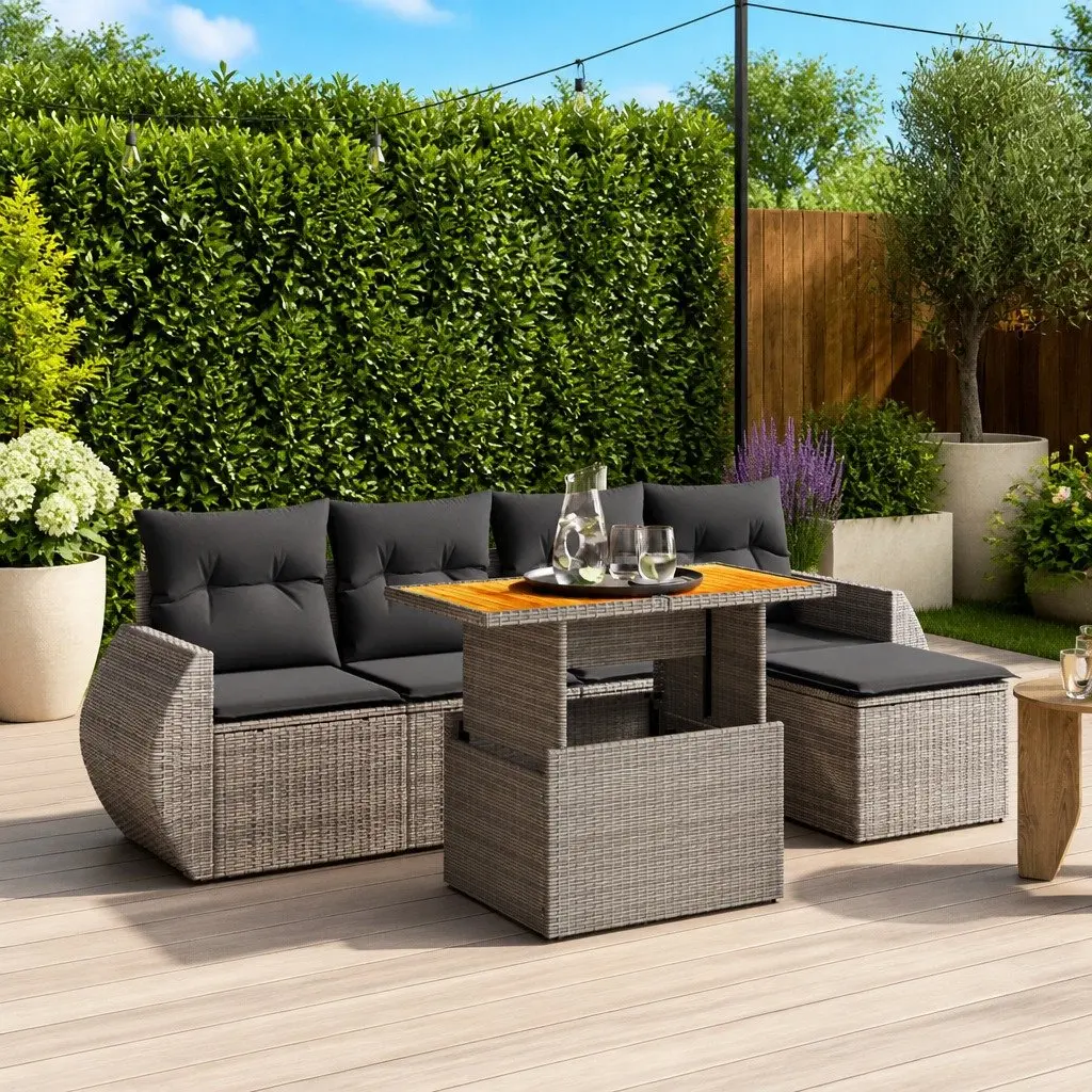 Modular Garden Sofa Set 6 Piece Grey PE Rattan Outdoor Furniture with Adjustable Tabletop and Removable Cushions