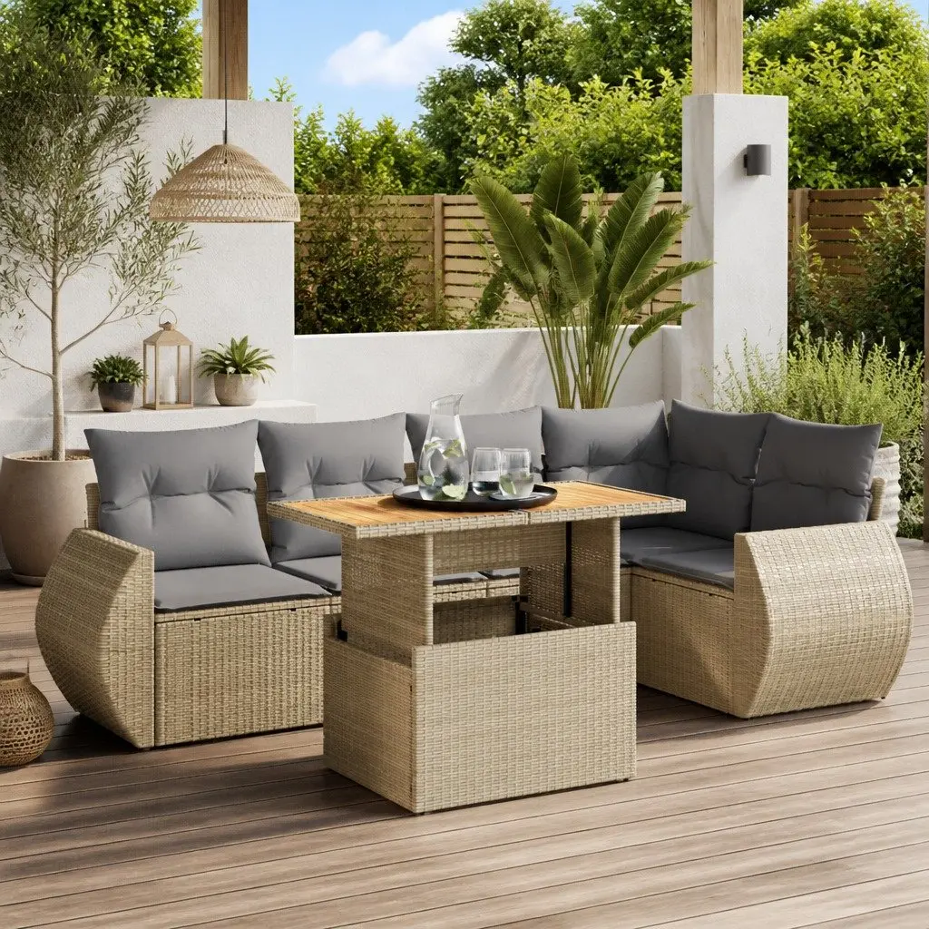 6 Piece Garden Sofa Set Beige Poly Rattan Outdoor Furniture with Cushions