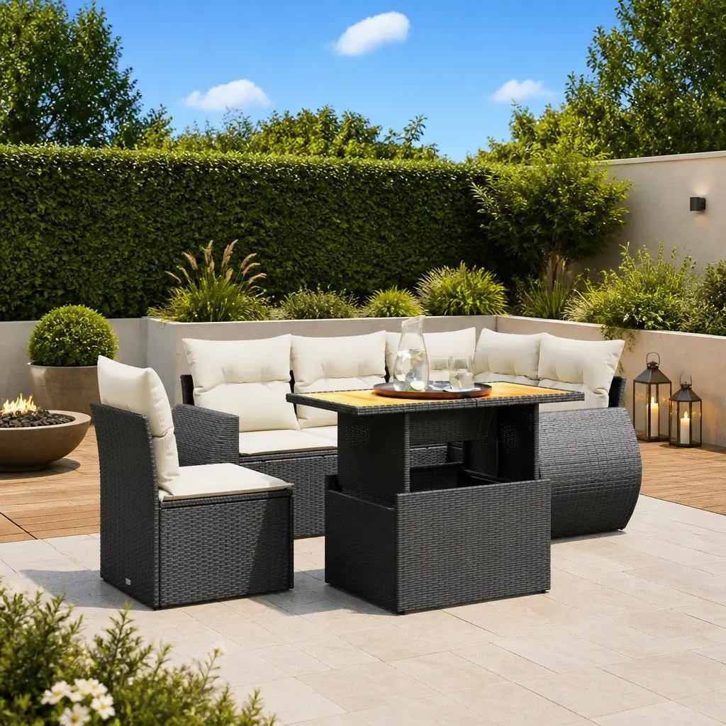 Garden Sofa Set 6 Piece Outdoor Furniture Black Poly Rattan Patio Sectional