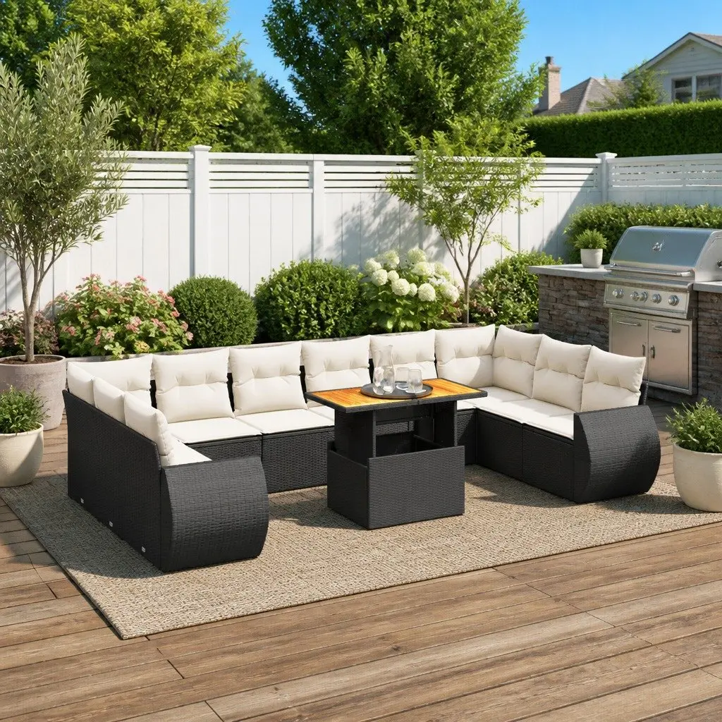 11 Piece Garden Sofa Set Black Poly Rattan with Cushions