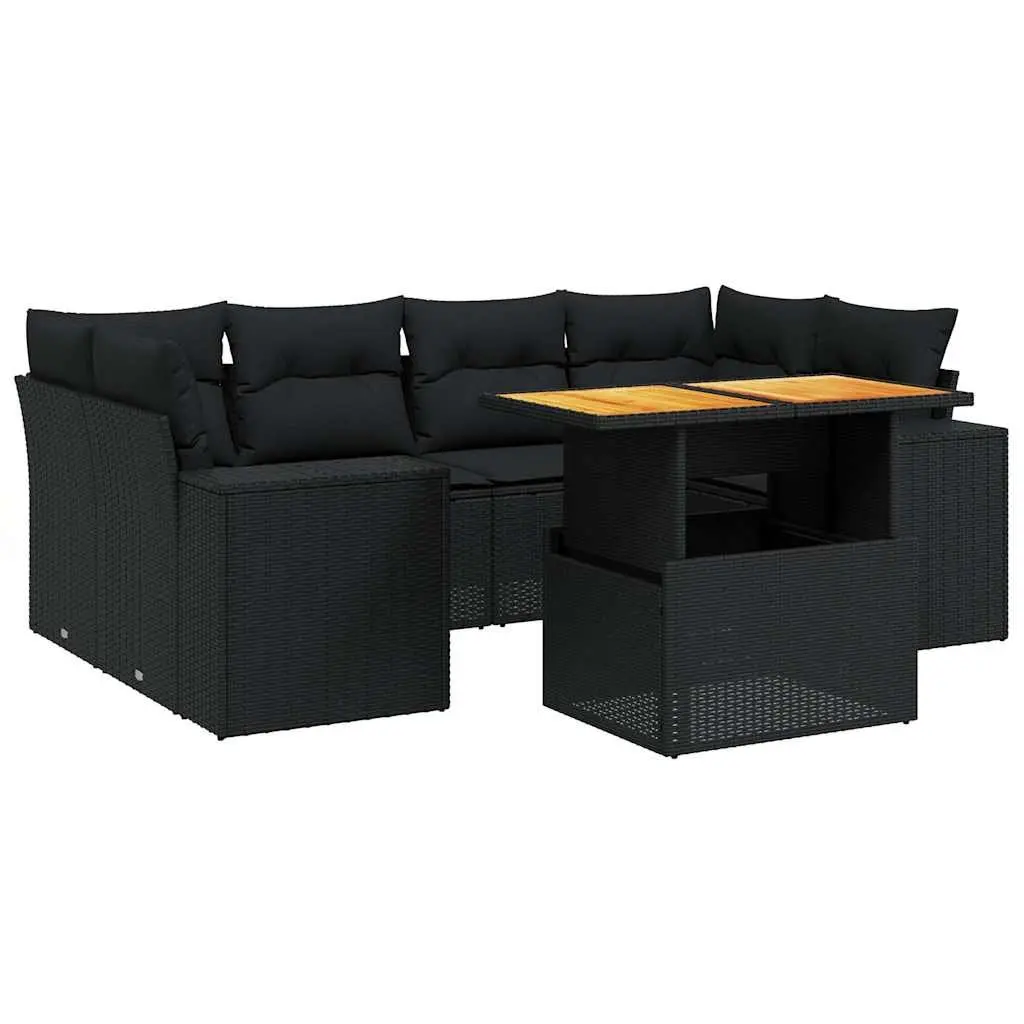 Garden Sofa Set 7 Piece Outdoor Furniture with Cushions Black Poly Rattan Patio