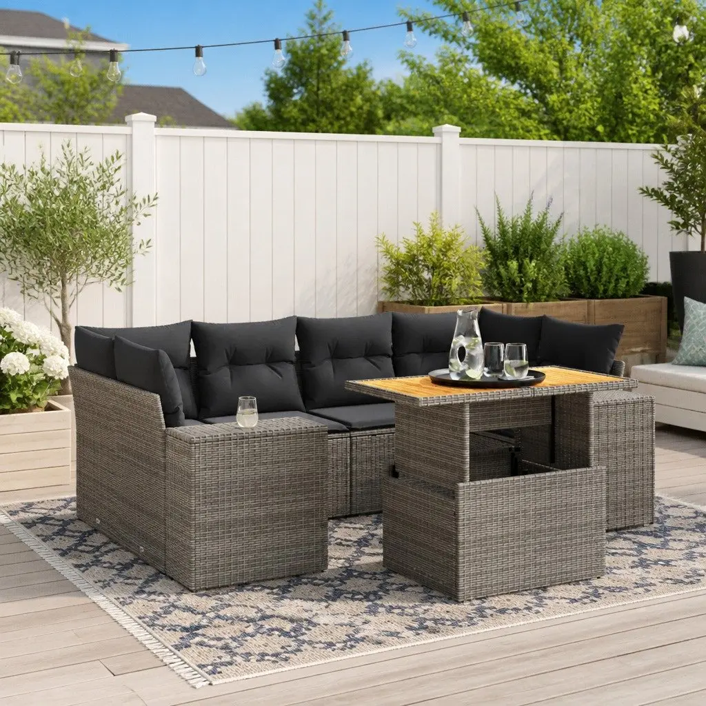 7 Piece Garden Sofa Set Grey Poly Rattan Outdoor Furniture with Cushions Patio