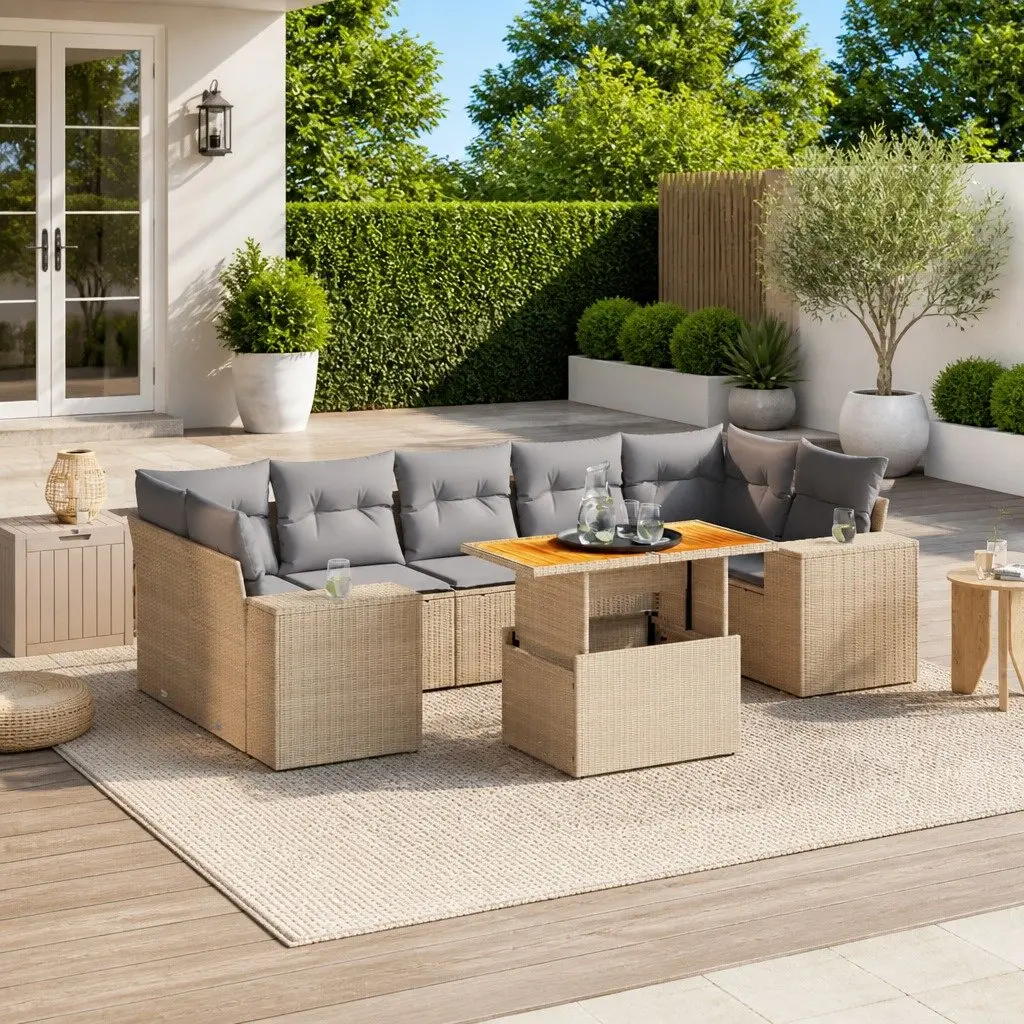 Outdoor Garden Sofa Set 8 Piece Beige Poly Rattan Patio Furniture with Cushions