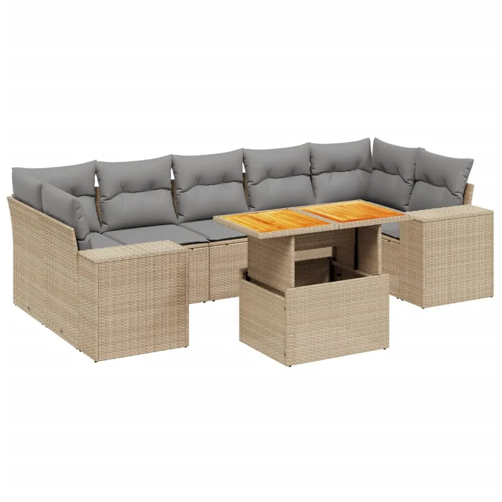 Outdoor Garden Sofa Set 8 Piece Beige Poly Rattan Patio Furniture with Cushions