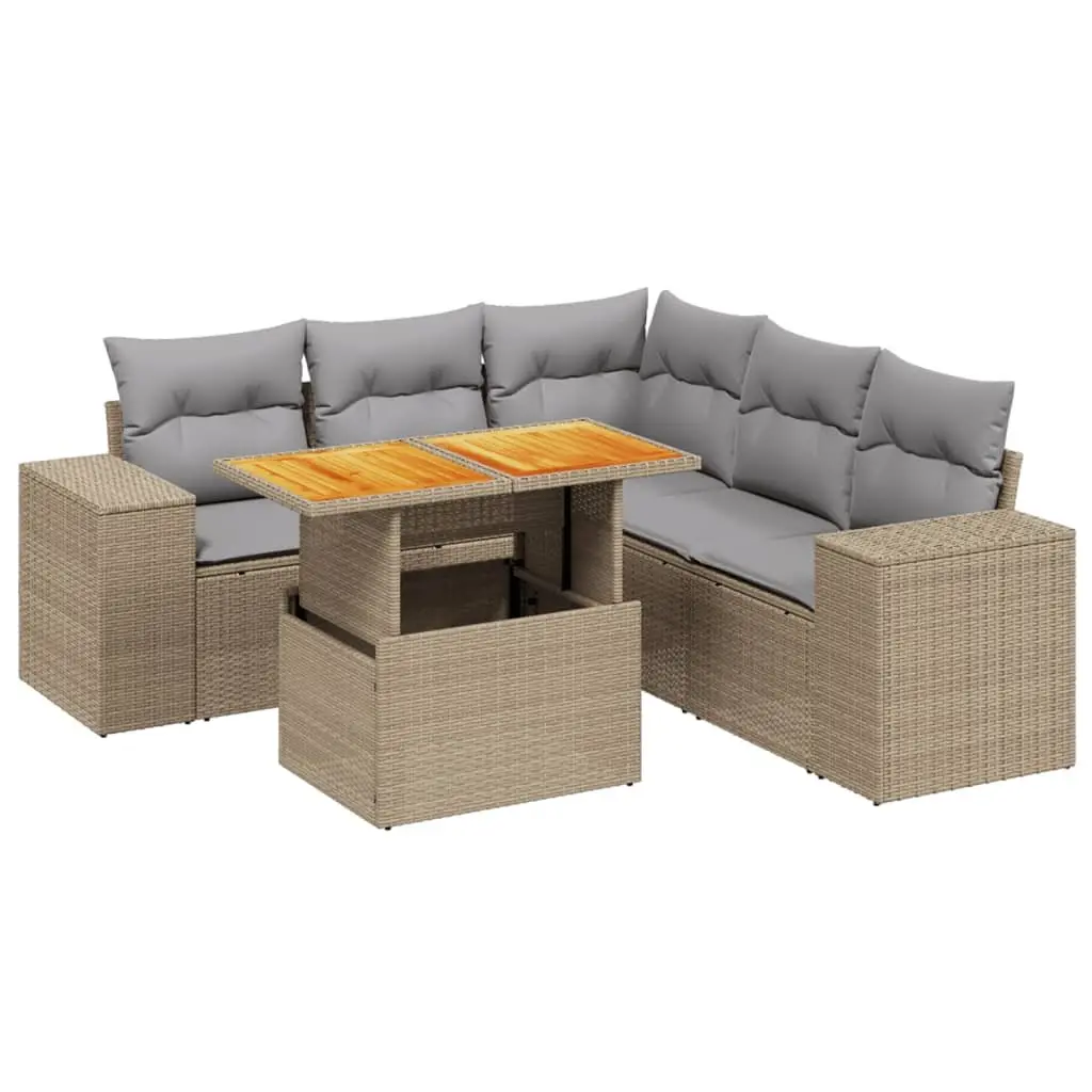 Garden Sofa Set 6 Piece Outdoor Furniture Beige Poly Rattan Patio with Cushions