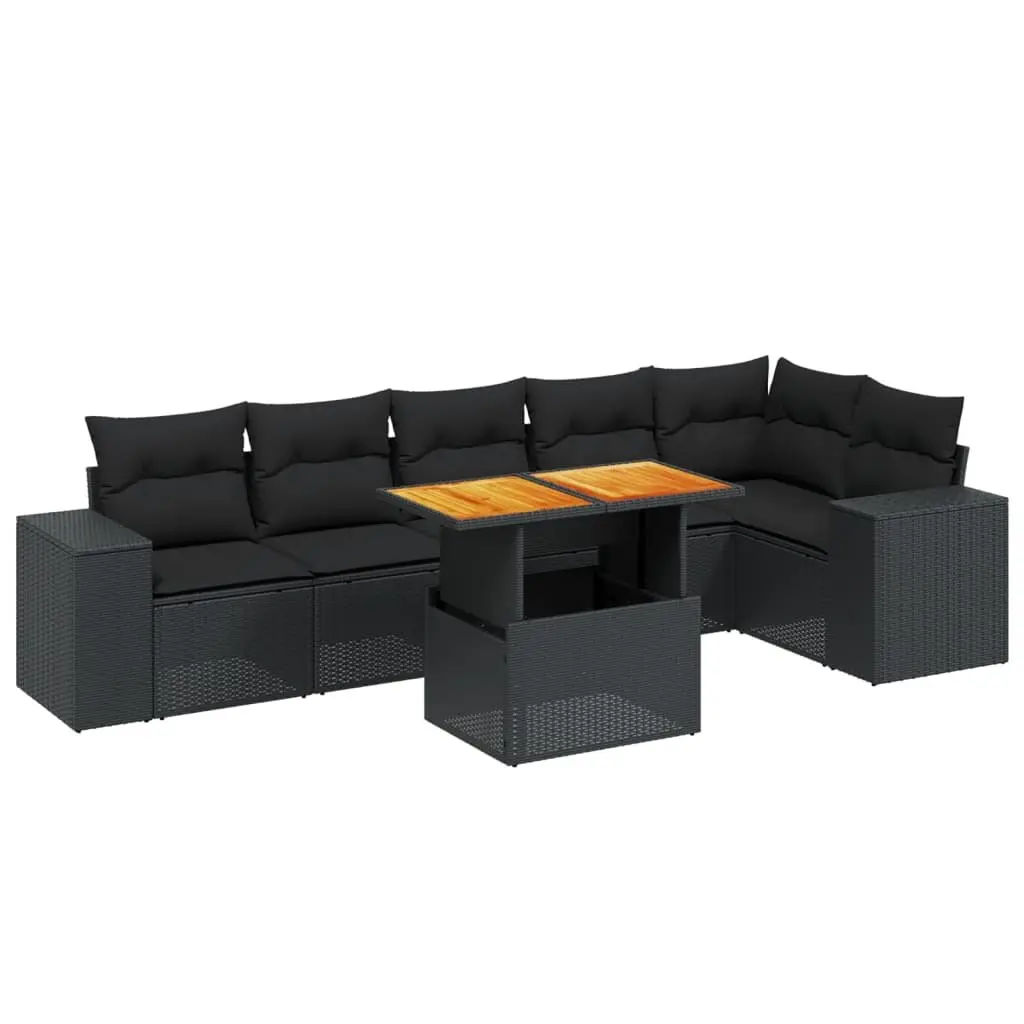 Modular Outdoor Sofa Set 7 Piece Black PE Rattan Patio Furniture with Adjustable Tabletop and Cushions