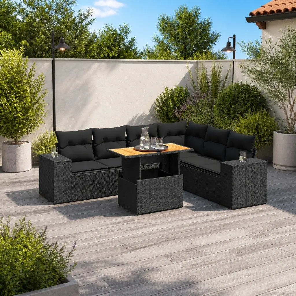 7 Piece Garden Sofa Set Black Poly Rattan with Cushions