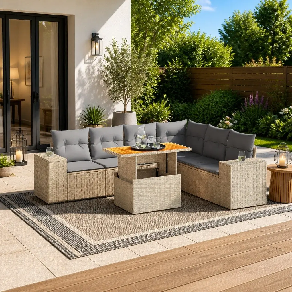 Garden Sofa Set 7 Piece Outdoor Furniture Beige Poly Rattan Patio Lounge with
