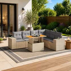 Garden Sofa Set 7 Piece Outdoor Furniture Beige Poly Rattan Patio Lounge with