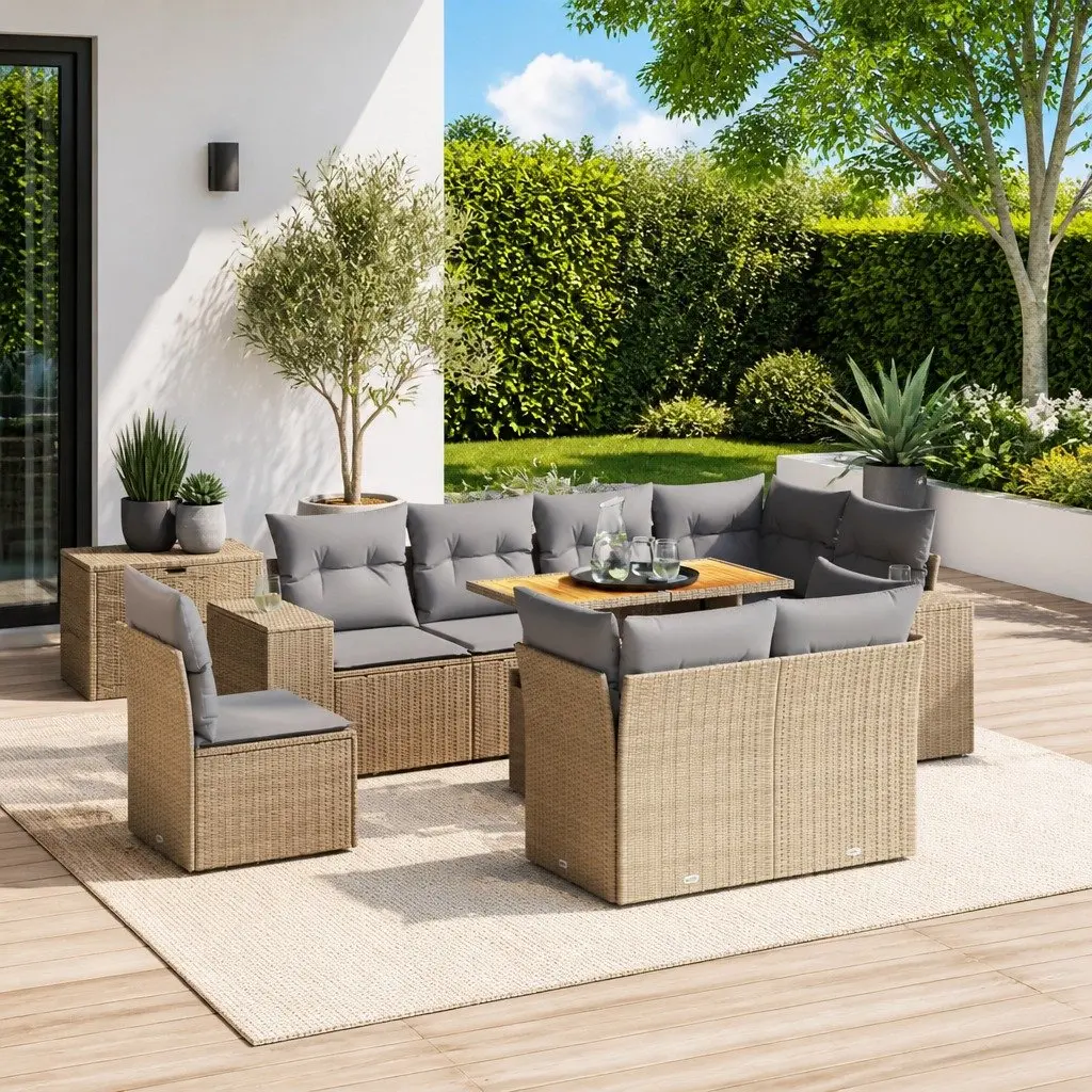 9 Piece Outdoor Furniture Sofa Set Beige Modular PE Rattan with Cushions
