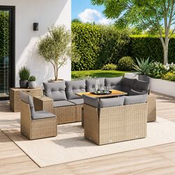 9 Piece Garden Sofa Set Outdoor Furniture Beige Poly Rattan with Cushions Patio
