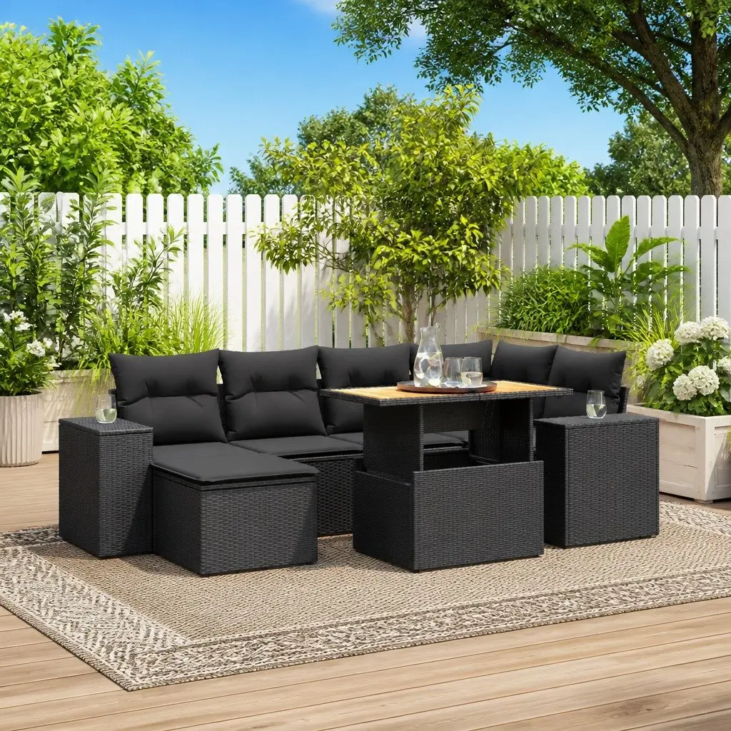 Garden Sofa Set 7 Piece Outdoor Furniture Black Poly Rattan with Cushions Patio