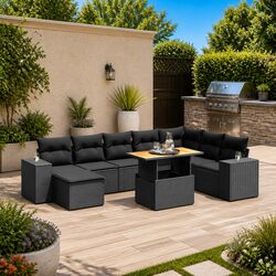 9 Piece Garden Sofa Set with Cushions Black Outdoor Patio Furniture PE Rattan