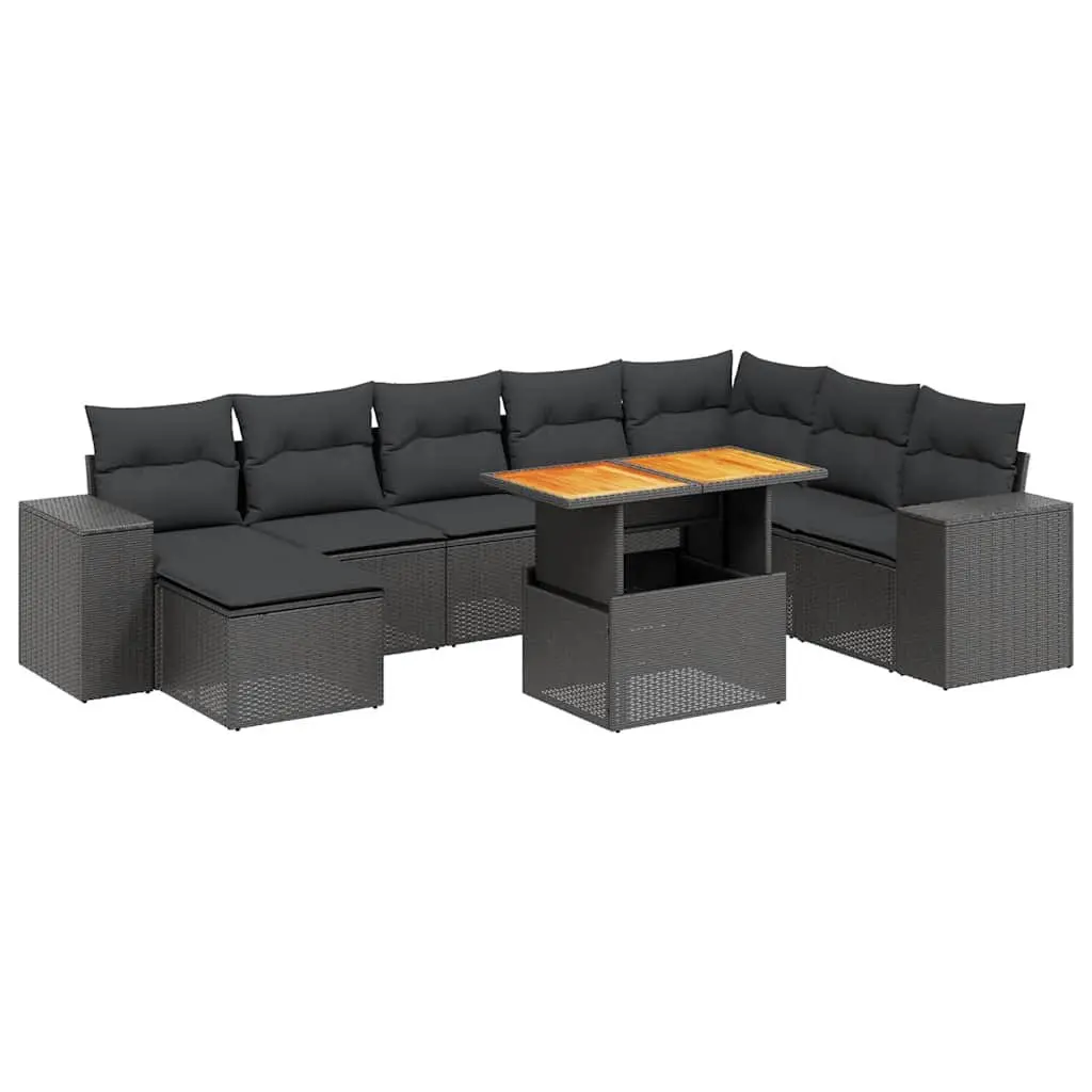 9 Piece Garden Sofa Set with Cushions Black PE Rattan Outdoor Patio Furniture