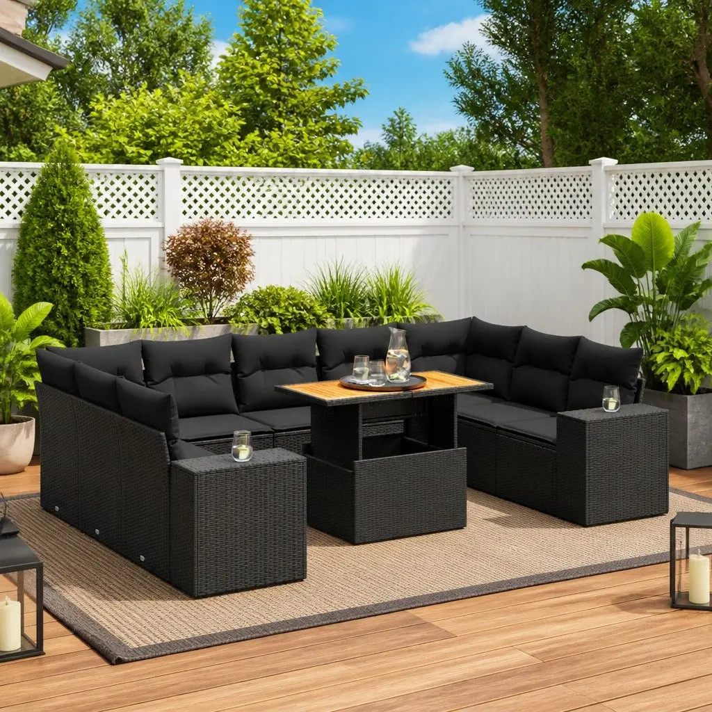 Garden Sofa Set 10 Piece Outdoor Furniture Black Poly Rattan Patio Sectional