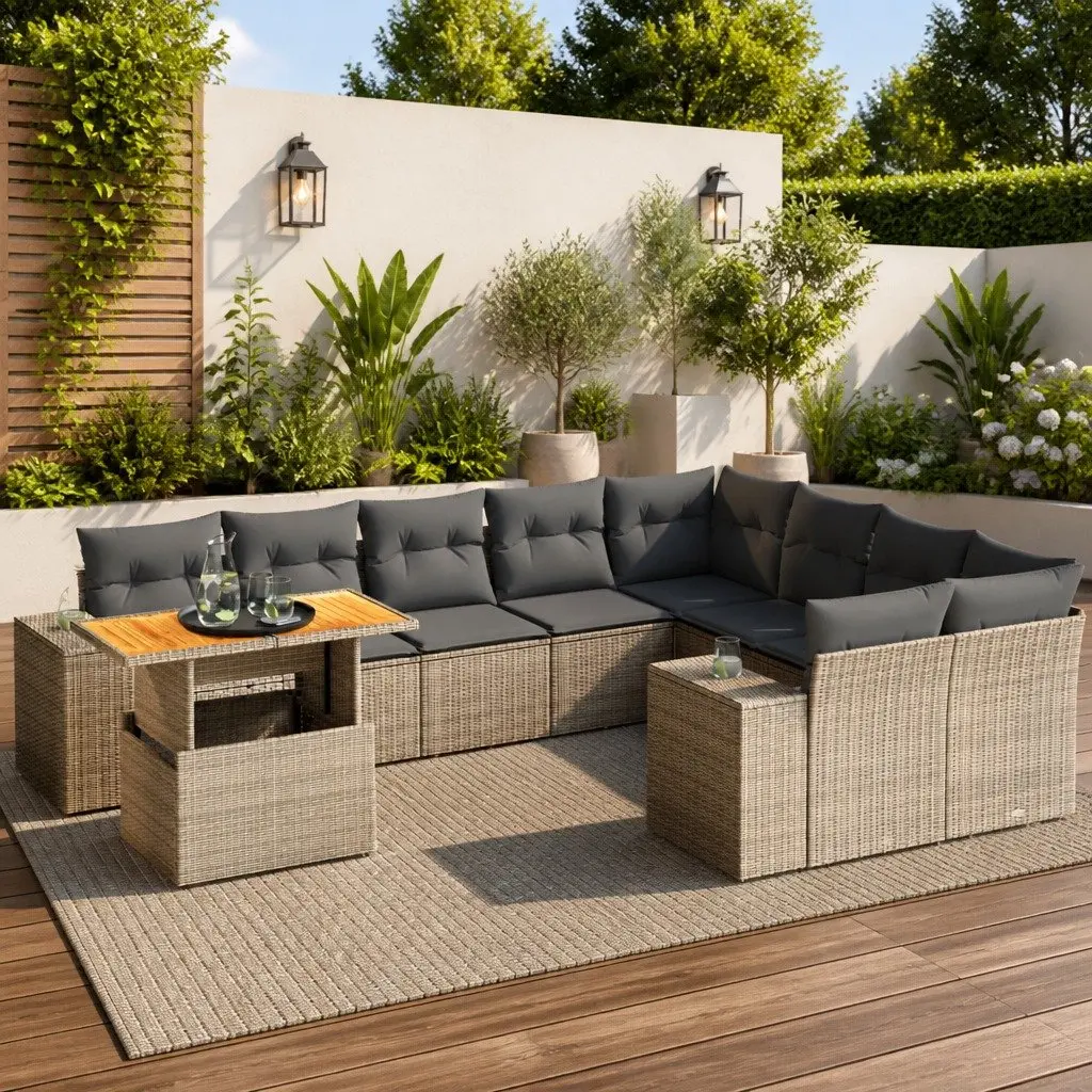 Garden Sofa Set Grey Poly Rattan 10 Piece Outdoor Furniture with Cushions