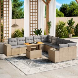11 Piece Garden Sofa Set with Adjustable Table Beige Poly Rattan Outdoor Patio
