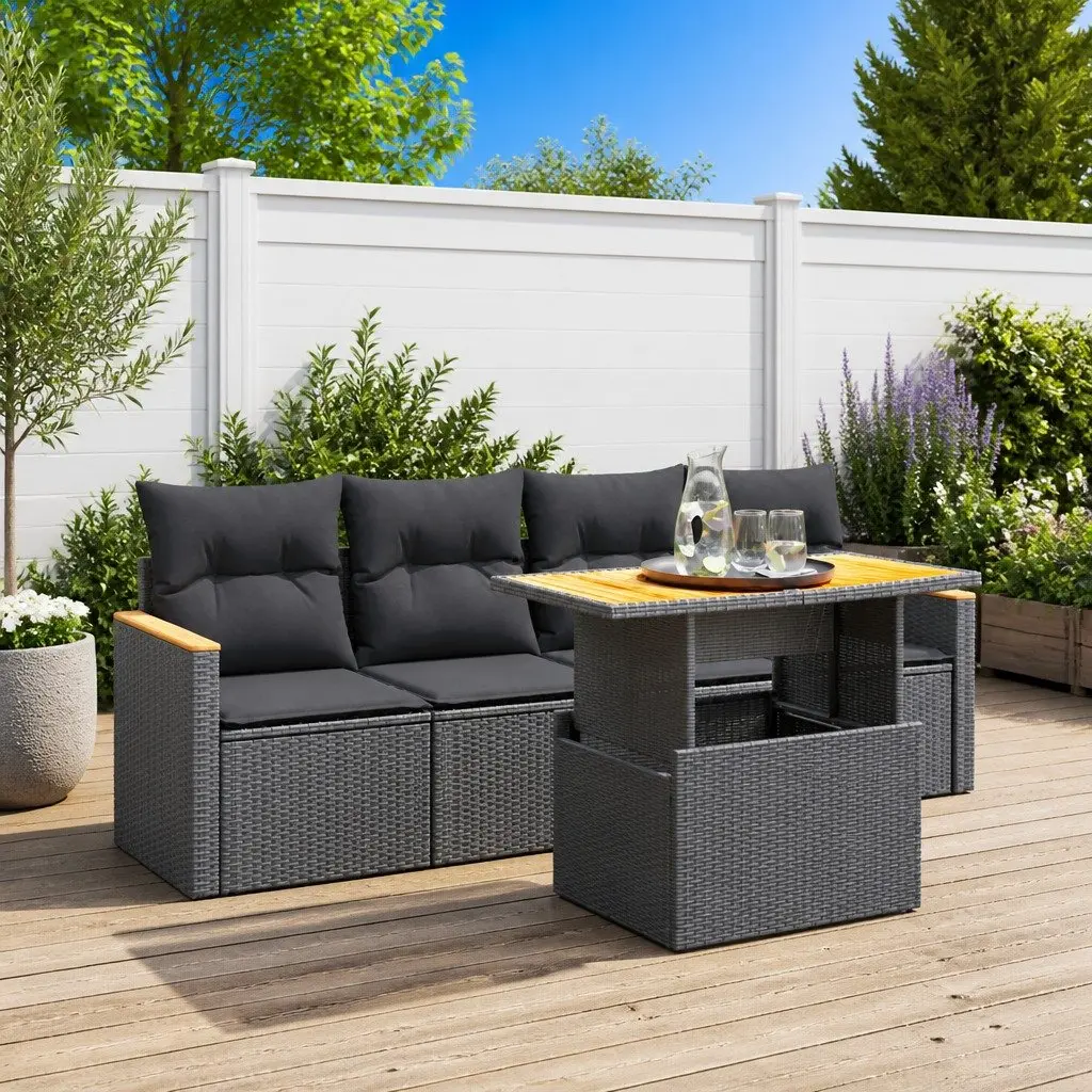 Garden Sofa Set 5 Piece Outdoor Furniture Black Poly Rattan Patio Seating