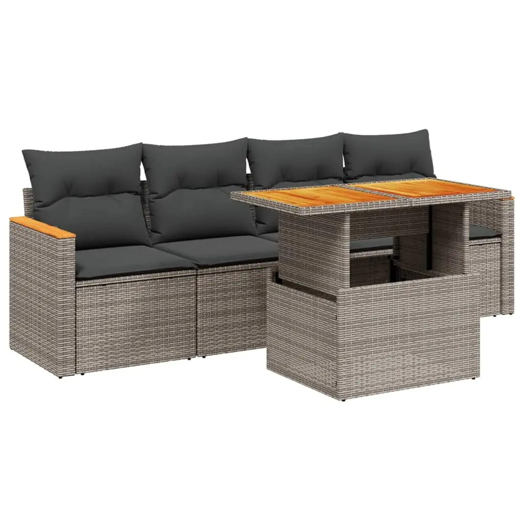 5 Piece Modular Garden Sofa Set Grey PE Rattan with Cushions for Outdoor Patio