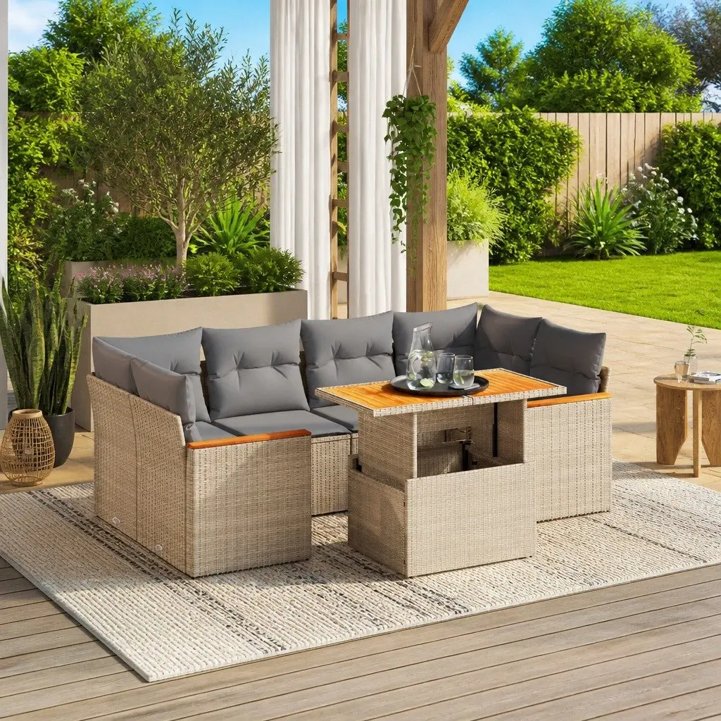 7 Piece Outdoor Garden Sofa Set Adjustable Dining Table Beige PE Rattan