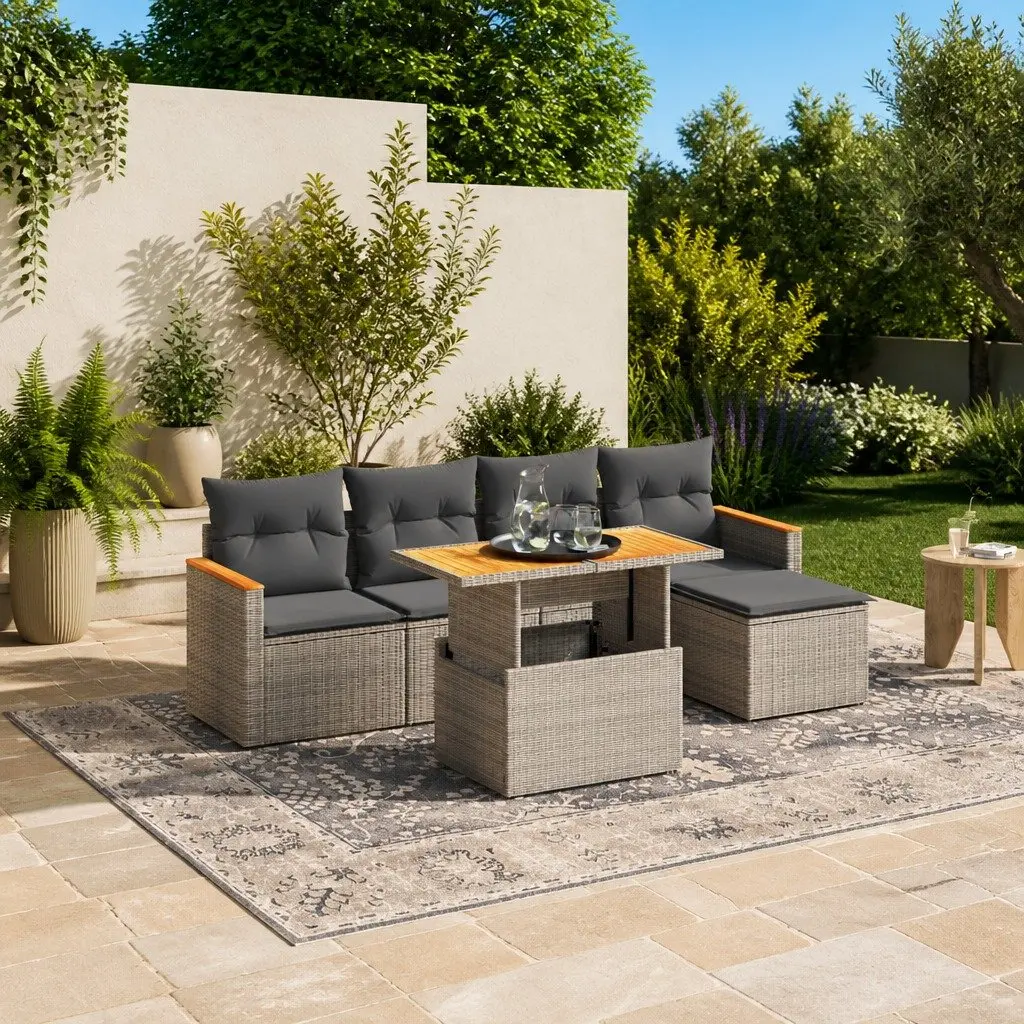 Garden Sofa Set Grey PE Rattan 6 Piece Outdoor Furniture
