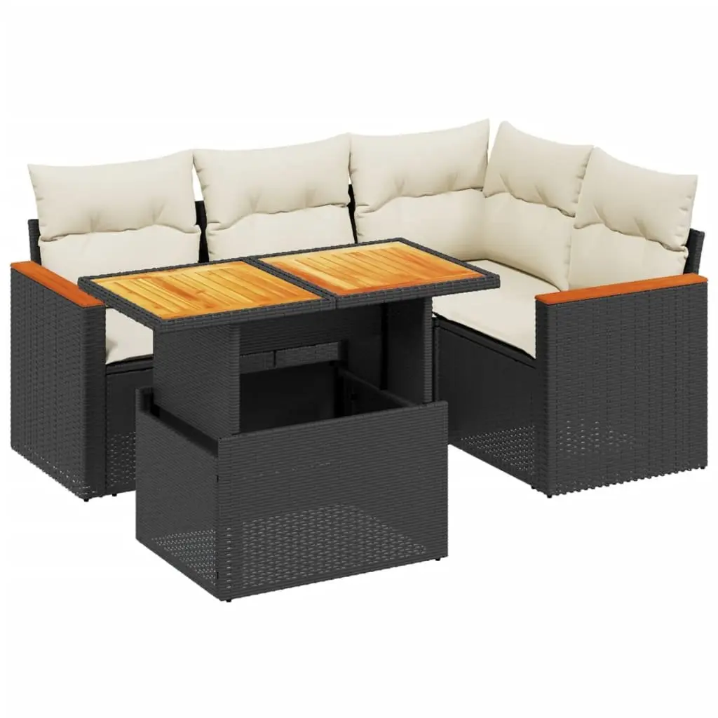 5 Piece Outdoor Garden Sofa Set Black Poly Rattan Lift-Top Table
