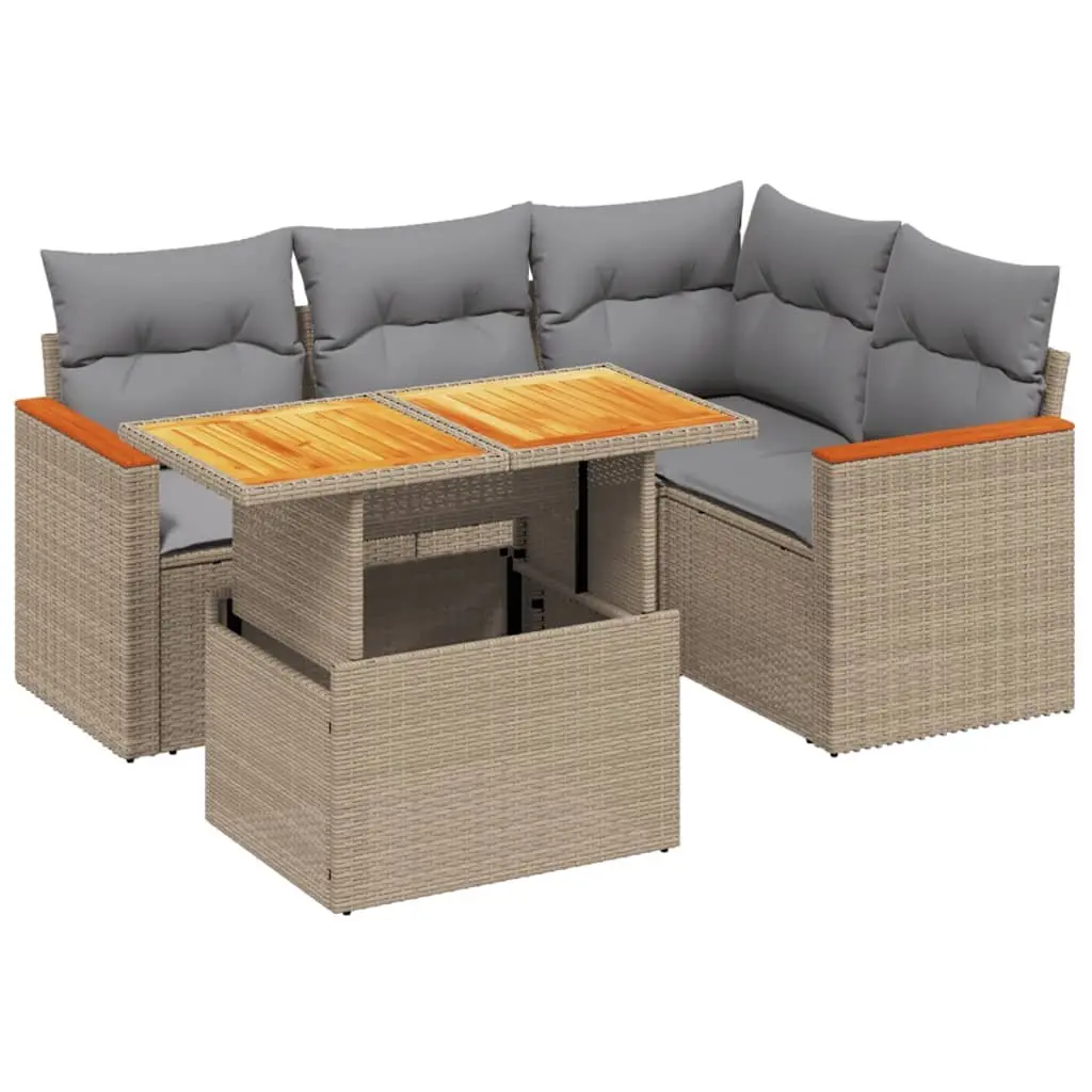 Modular Outdoor Lounge Set 5 Piece Beige Patio Furniture with Removable Cushions and Adjustable Table