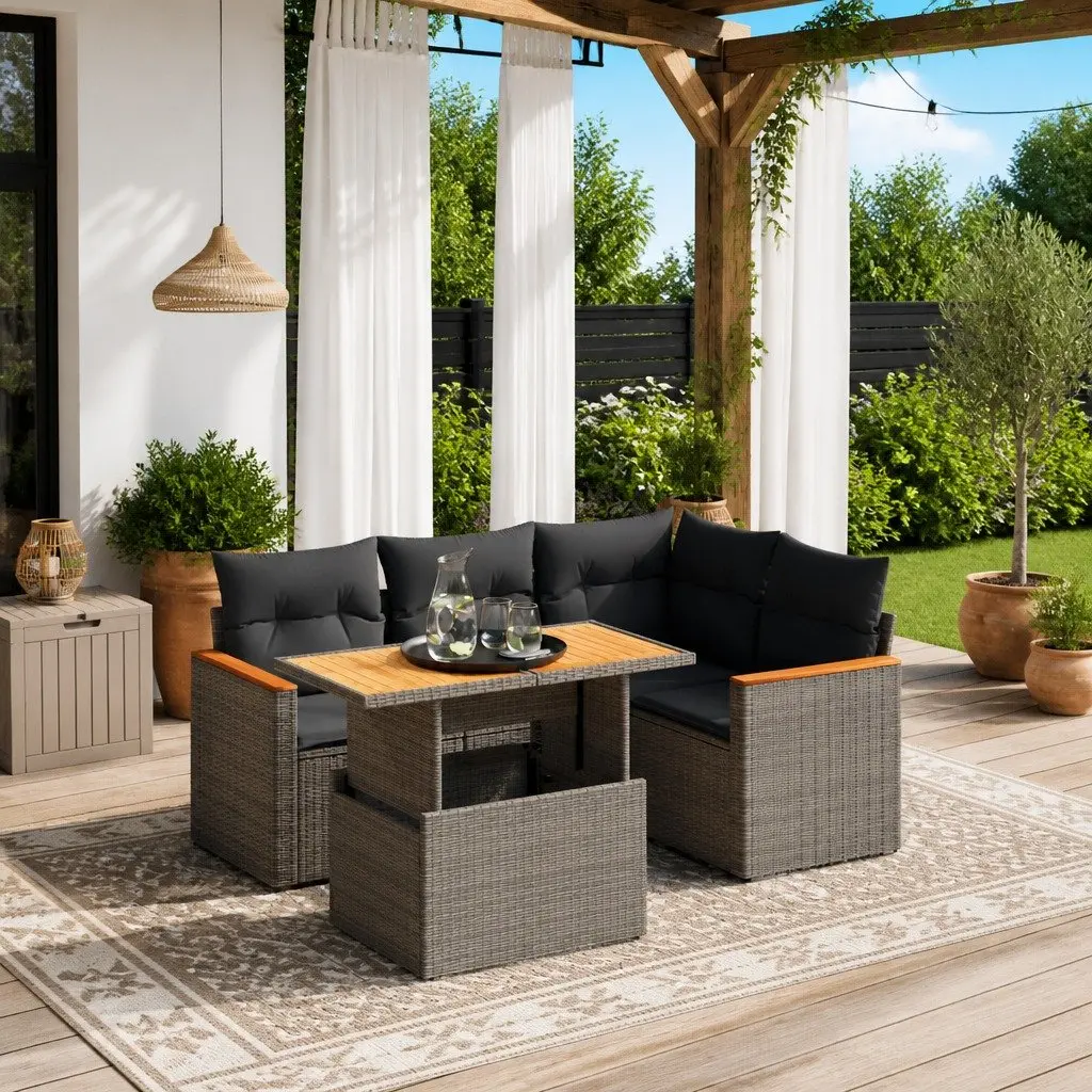 5 Piece Garden Sofa Set Grey PE Rattan Adjustable Table Outdoor Furniture