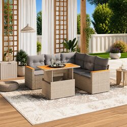 Garden Sofa Set 6 Piece Outdoor Furniture Beige Poly Rattan Patio with Cushions