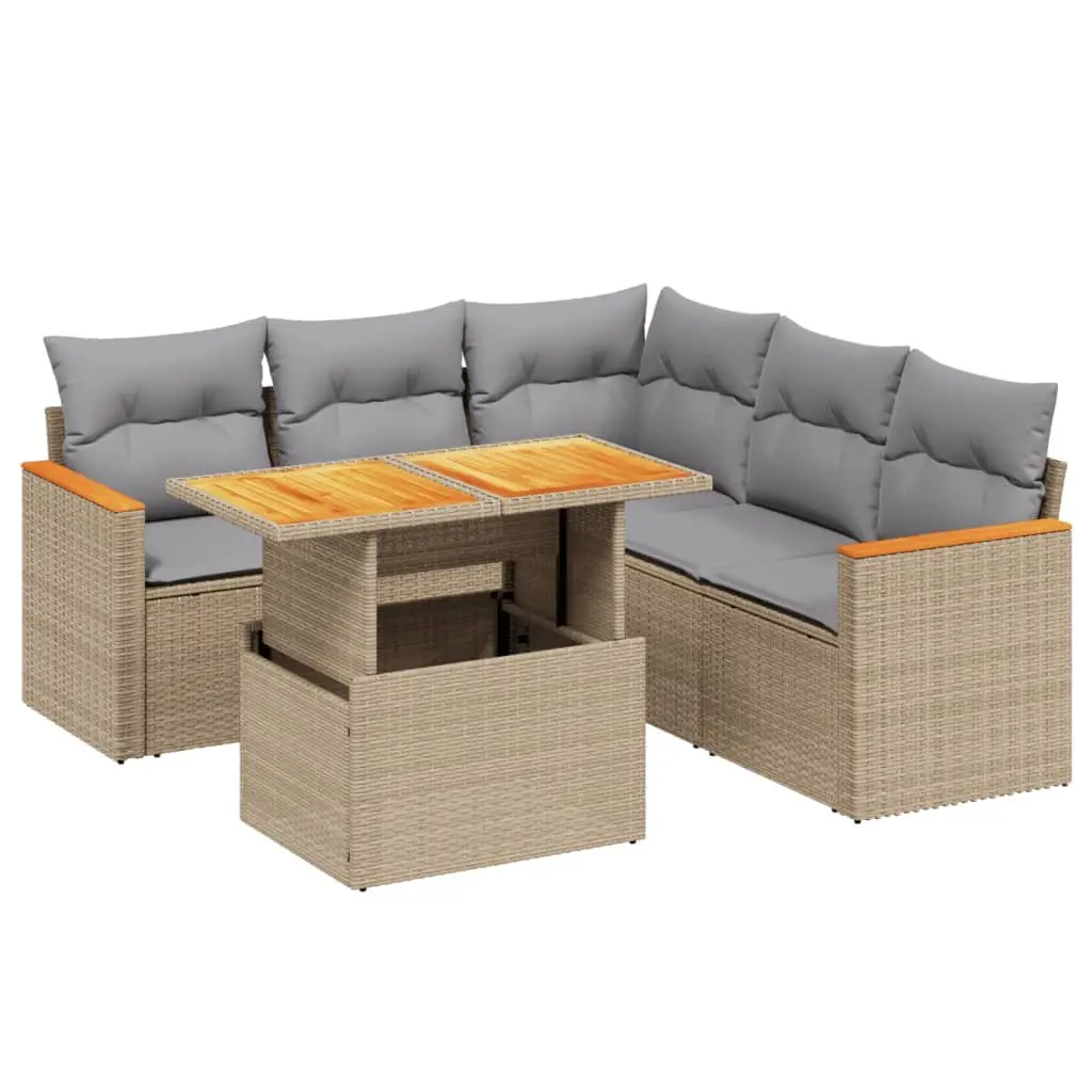 Garden Sofa Set 6 Piece Outdoor Furniture Beige Poly Rattan Patio with Cushions