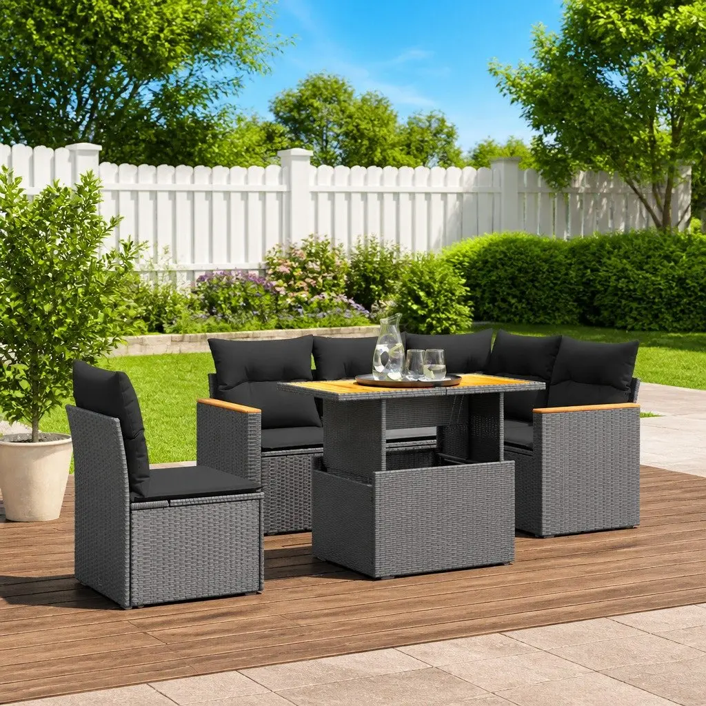 Garden Sofa Set Black Poly Rattan 6 Piece Outdoor Furniture with Cushions