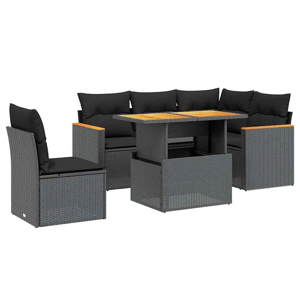 Garden Sofa Set Black Poly Rattan 6 Piece Outdoor Furniture with Cushions