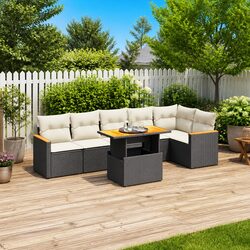 7 Piece Outdoor Garden Sofa Set Black Poly Rattan Patio Furniture with Cushions