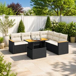 7 Piece Garden Sofa Set Outdoor Patio Furniture Black PE Rattan with Cushions
