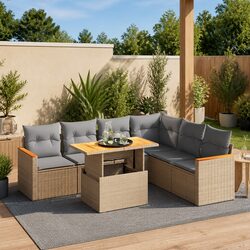 7 Piece Garden Sofa Set Beige Poly Rattan Outdoor Furniture with Cushions