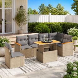 7 Piece Garden Sofa Set with Cushions Beige Poly Rattan Patio Furniture Outdoor