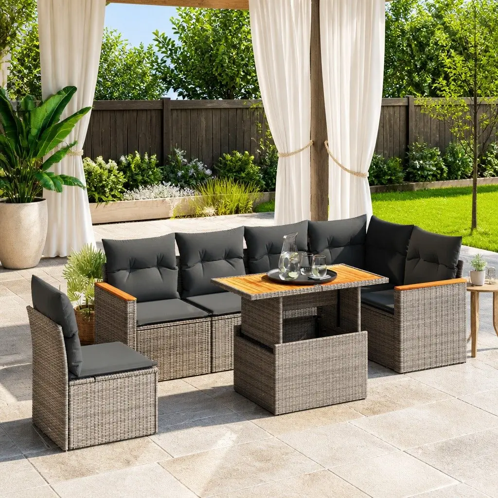 7 Piece Garden Sofa Set Modular Outdoor Furniture Grey PE Rattan with Cushions
