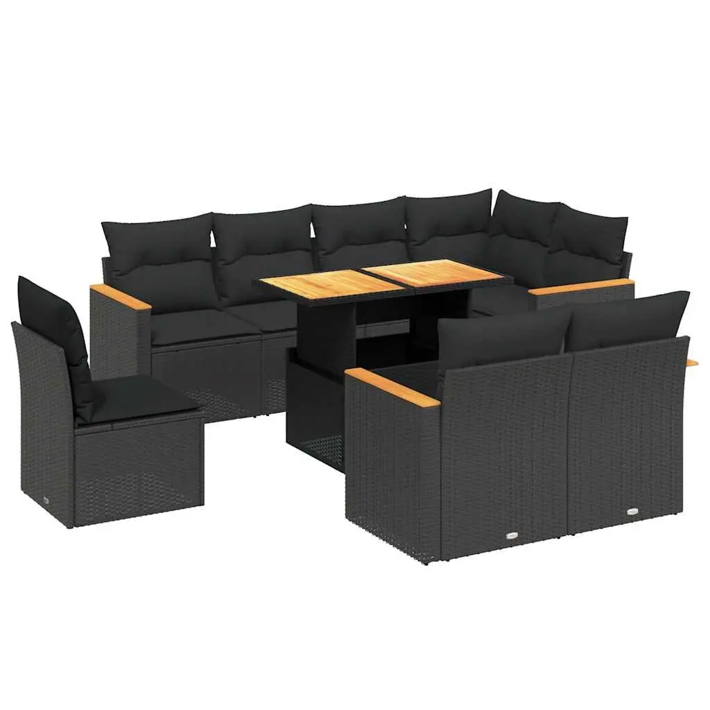 Garden Sofa Set 9 Piece Outdoor Furniture with Cushions Black Poly Rattan