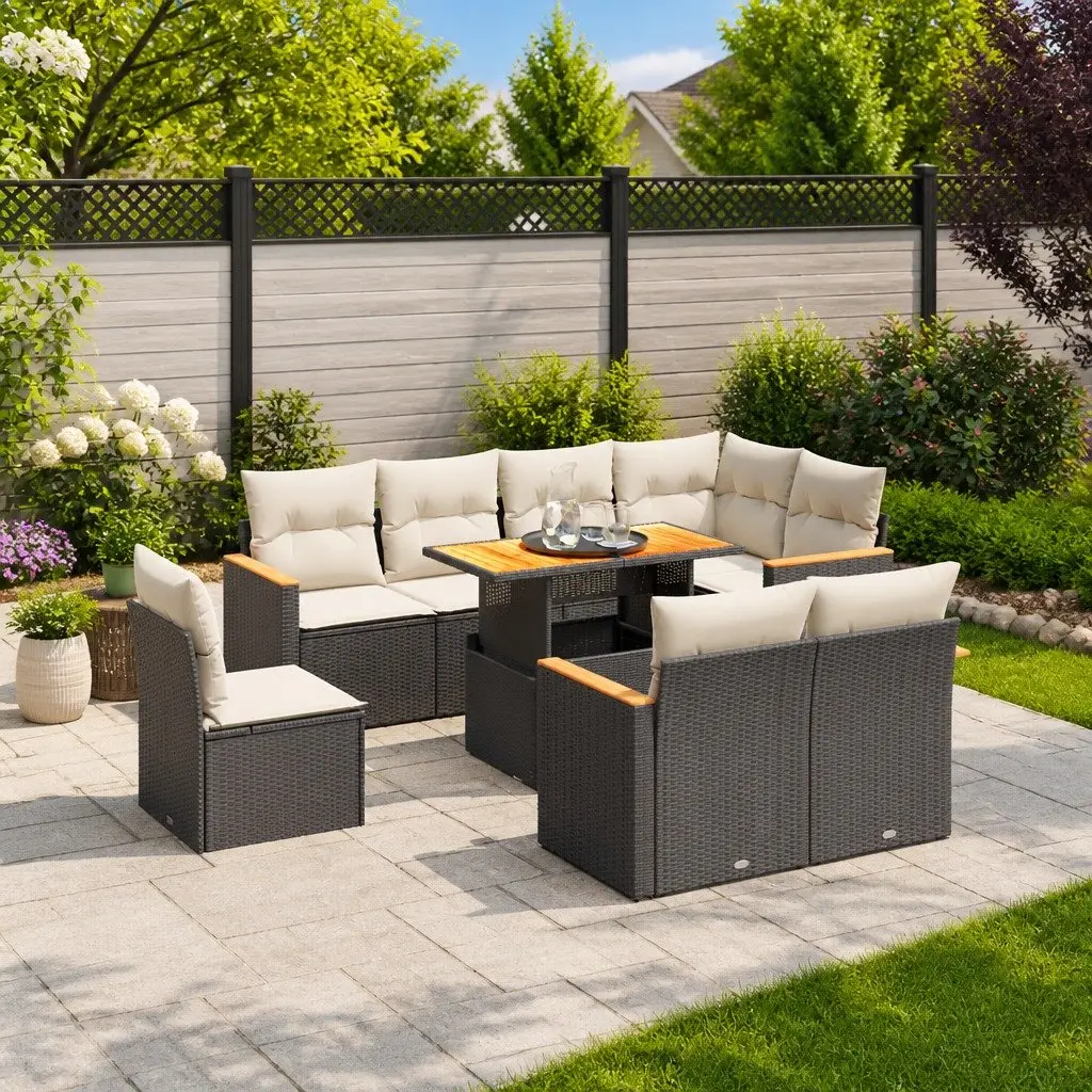 Garden Sofa Set 9 Piece Outdoor Furniture Patio with Cushions Black Poly Rattan