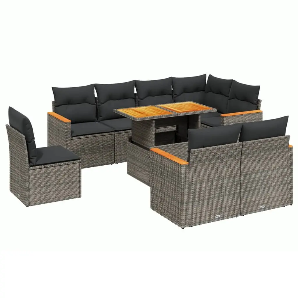 9 Piece Garden Sofa Set Grey Poly Rattan Modular Outdoor Furniture with Cushions