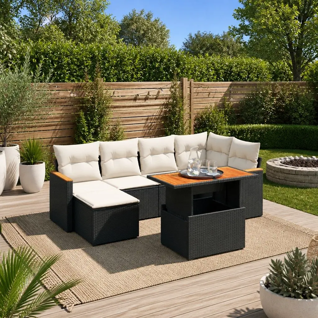 7 Piece Garden Sofa Set Adjustable Outdoor Patio Furniture Black PE Rattan