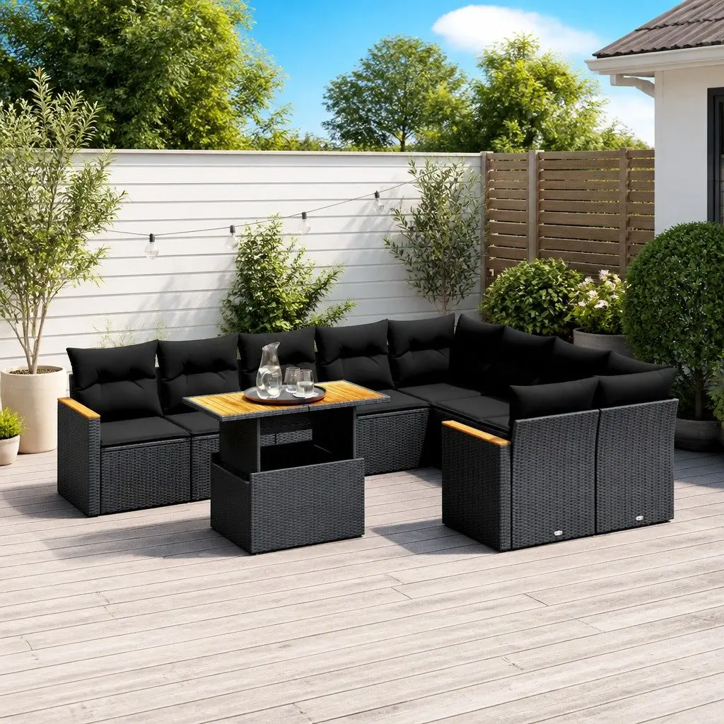 10 Piece Modular Outdoor Sofa Set with Adjustable Table Black PE Rattan and Cushions