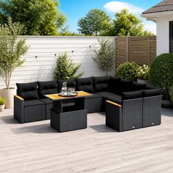 10 Piece Outdoor Garden Sofa Set Black Poly Rattan Patio Furniture with Cushions