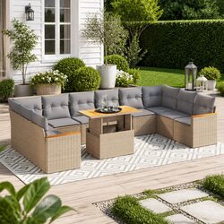 Garden Sofa Set 11 Piece Outdoor Furniture with Cushions Beige Poly Rattan Patio