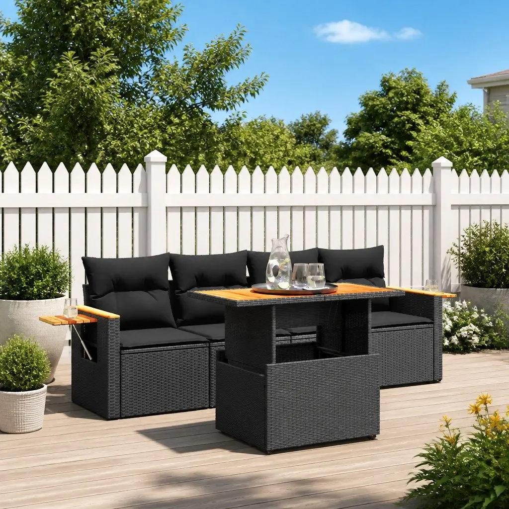 5 Piece Outdoor Garden Sofa Set Black Poly Rattan with Cushions