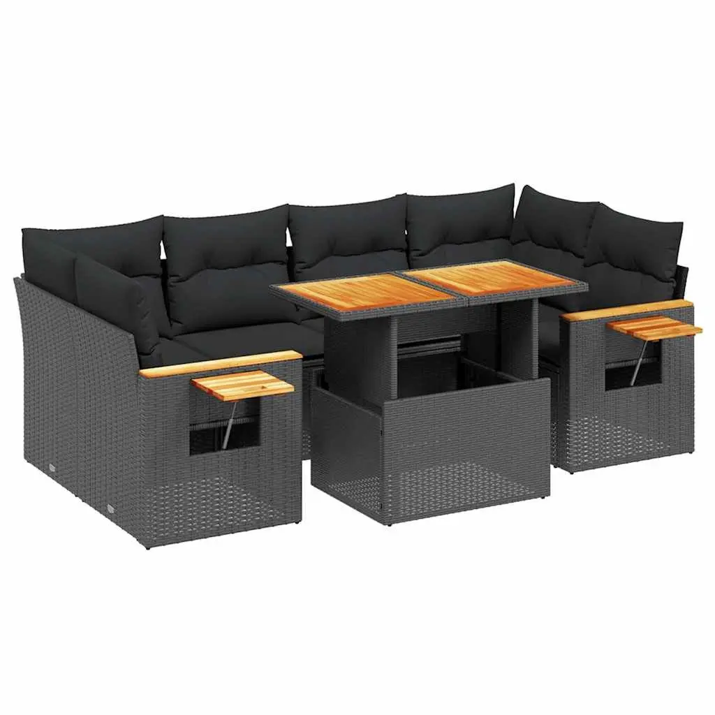 7 Piece Garden Sofa Set Outdoor Furniture Black Poly Rattan with Cushions Patio