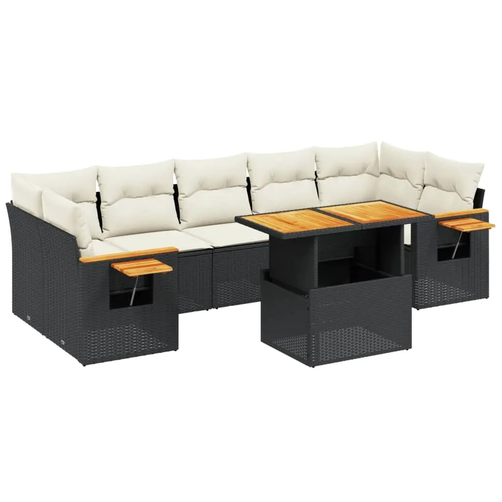 Outdoor Furniture Set Modular Black Poly Rattan 8 Piece Garden Sofa with Adjustable Table and Foldable Side Table