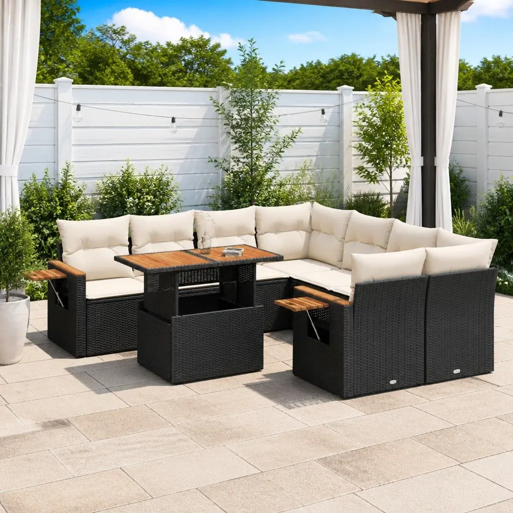 Modular Outdoor Furniture Set 9 Piece Black PE Rattan Garden Sofa with Adjustable Table and Foldable Side Table